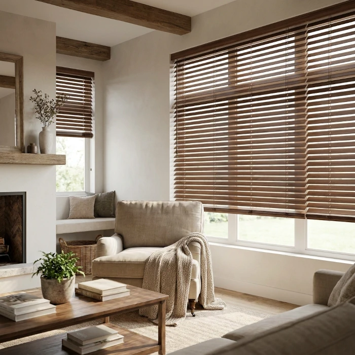 veneciana de madera nogal instalada en salon de Marbellla