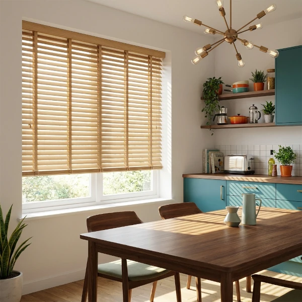 veneciana de madera roble instalada en cocina de Marbella